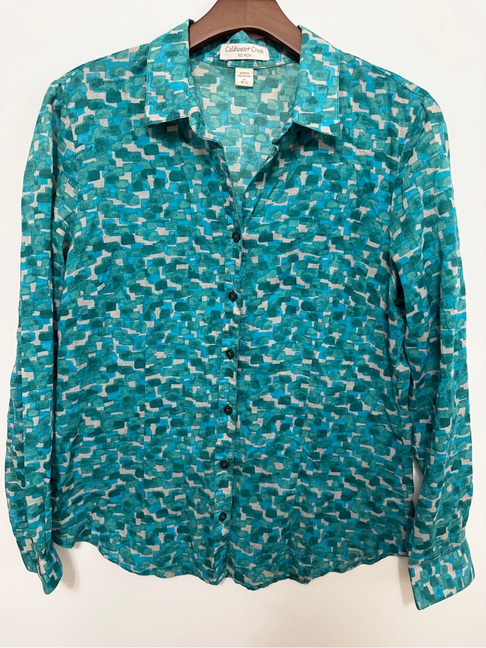 Coldwater Creek Turquoise Teal Abstract Print Button-Down 100% No Iron Shirt M